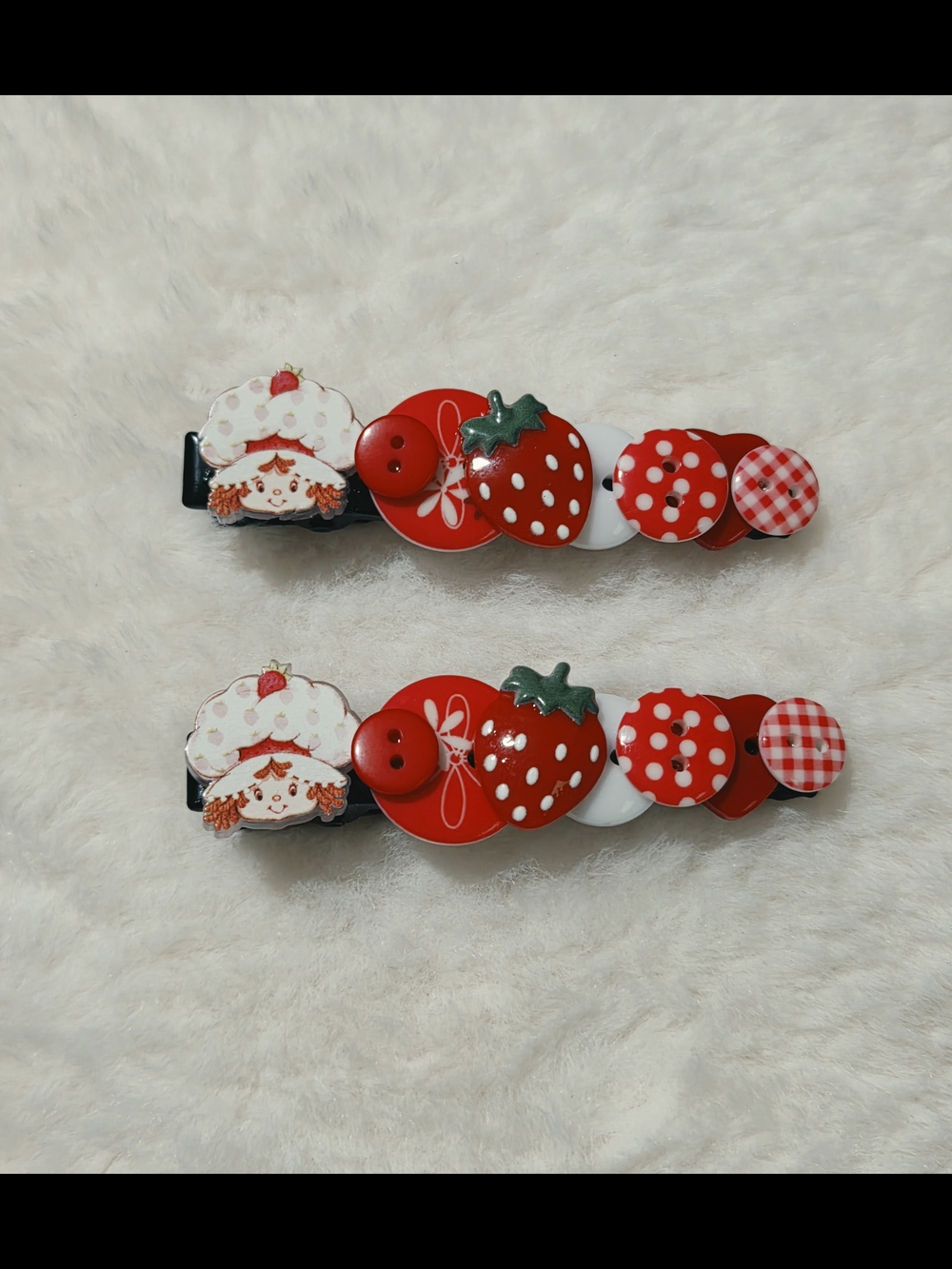 Handmade  Strawberry Shorcake Button Hair Clips - Red and White